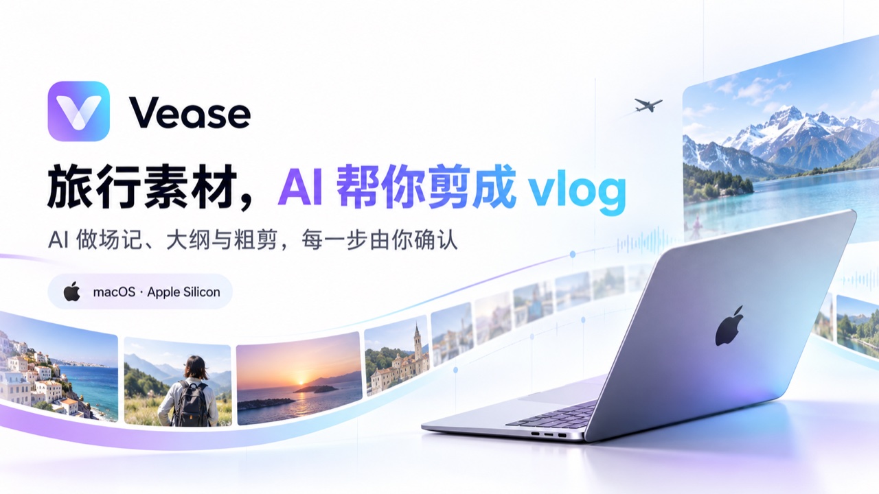 Vease 分享横幅：素材，AI 帮你剪成 vlog；AI 做场记、大纲与粗剪，每一步由你确认。画面以视频影像、胶片轨迹和 Mac 笔记本表现创作流程。